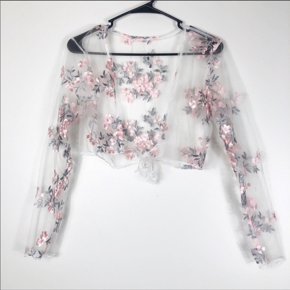 NWT Floral Embroidered Crop Mesh Top - Picture 3 of 10